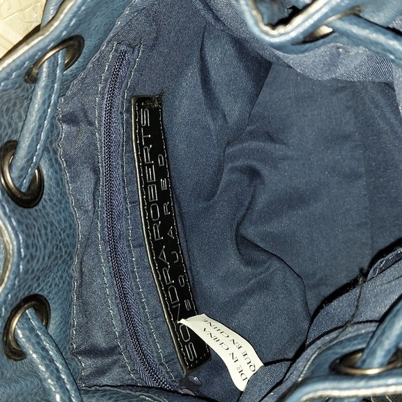 SONDRA ROBERTS SQUARED Blue Fringe Faux Leather Crossbody Bucket Shoulder Bag - Picture 11 of 16